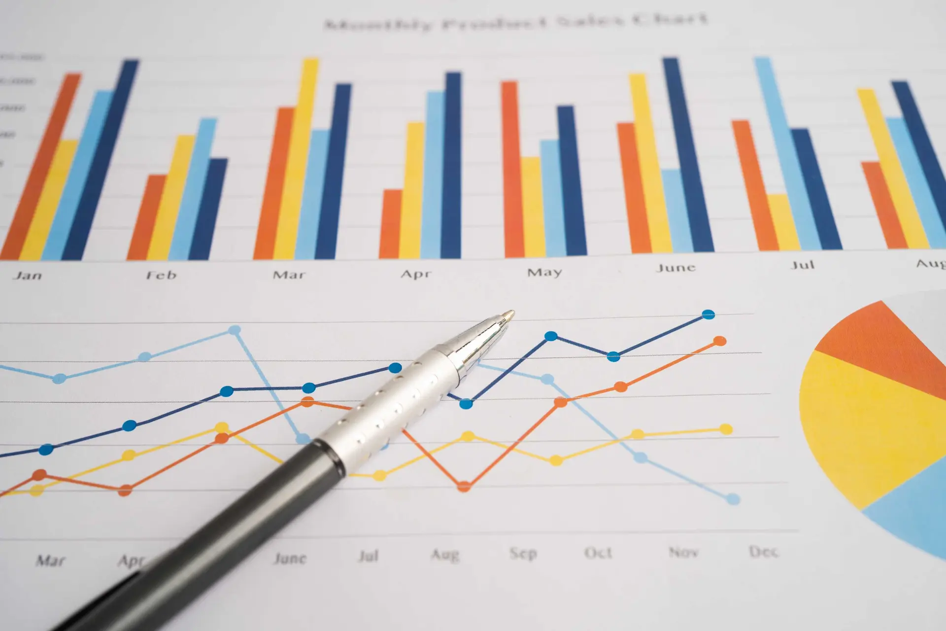Printed monthly sales chart with pen resting on growth trend lines, representing measurable business benefits of implementing Dynamics 365 Contact Center | Dynamics Monk.